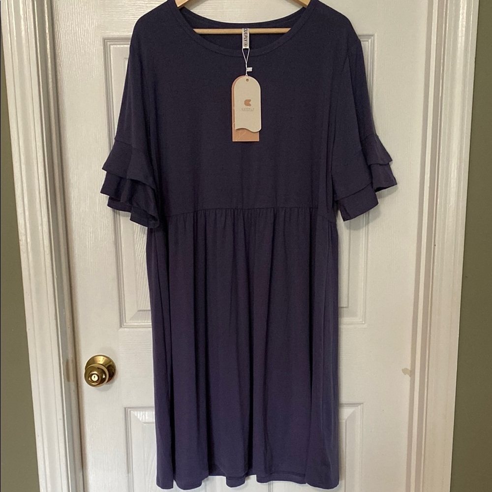 Women's Plus Blue Ruffle Sleeve Dress